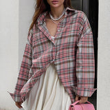 Women Trench Coat Vintage Pink Plaid Long Sleeve Shirt Loose Casual Shirt Coat