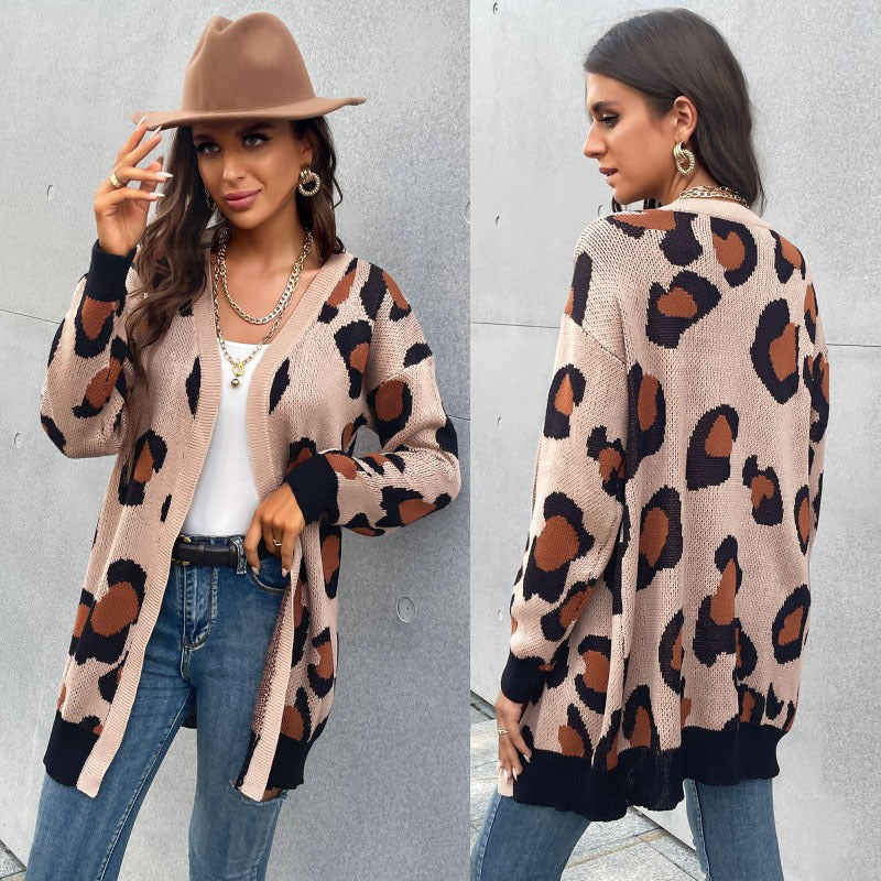 Women Knitted Sweater Fall Long Leopard Cardigan Knitted Sweater Coat