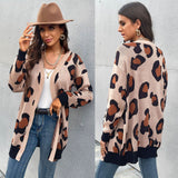 Women Knitted Sweater Fall Long Leopard Cardigan Knitted Sweater Coat