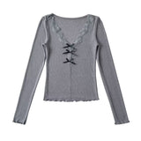 Women Tops Summer Lace V-neck Top Bow Slim T-shirt