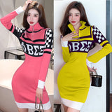 Women Maxi Dress Spring and Autumn Long Sleeve Letter Sweaters Striped Dress