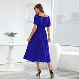 Women Date Dress Summer V-neck Puff Sleeve Lace-up Pleated Dress