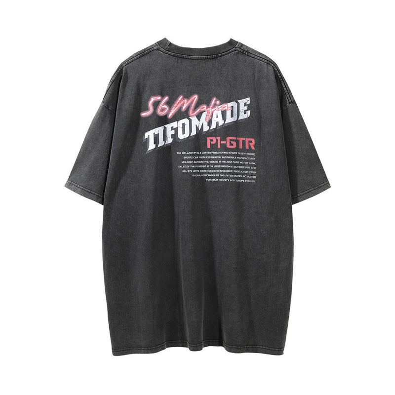 Men Vintage T-Shirt Cartoon Racing Letter Print Short-Sleeve T-shirt