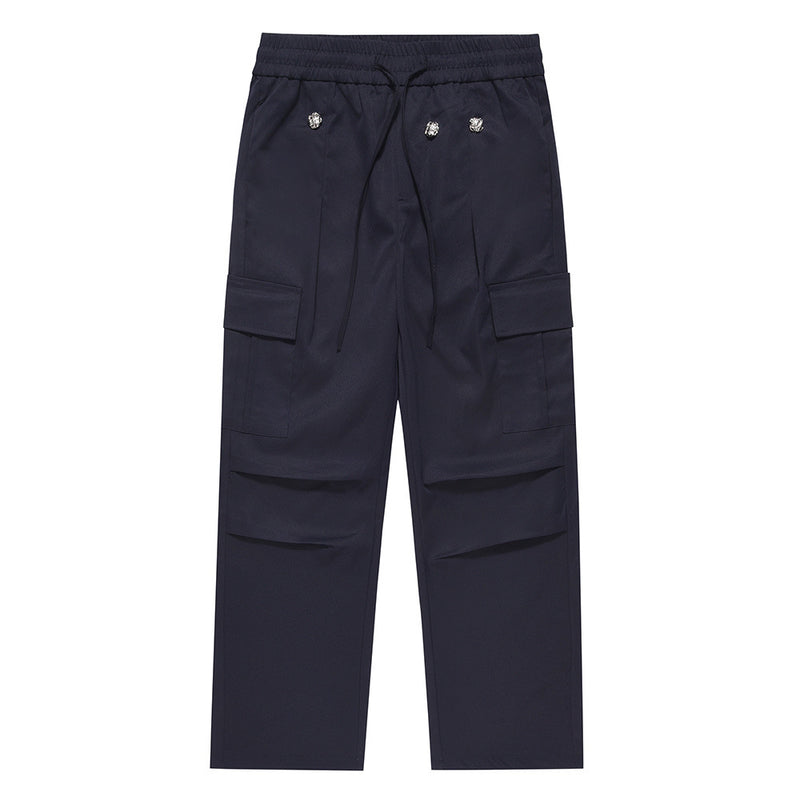 Men Sweatpants Multi-Pocket Cargo Pants Loose Pleated Casual Straight Trousers