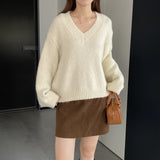 Women Winter Knitted Sweater V-neck Thick Sweater Autumn and Winter Loose-Fitting Long Sleeve Sweater H0001