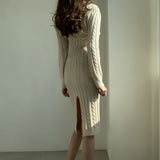 Women Maxi Dress Autumn and Winter round Neck Hemp Pattern Split Dress