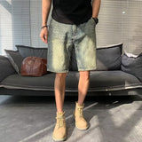 Men Jeans Washed Middle Pants Straight Casual Retro Shorts