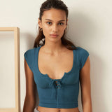 Women T-shirt Summer Square Collar Bare Midriff Slim Fit T-shirt Top