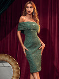 Women Evening Gown Sexy Retro Backless Green Sequins Dress