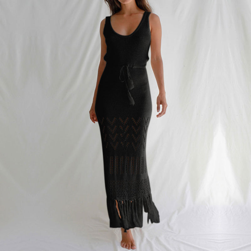 Women Knit Beach Cover Sun-Proof Beach Dress Hollow out Strap Long Dress with Tassel