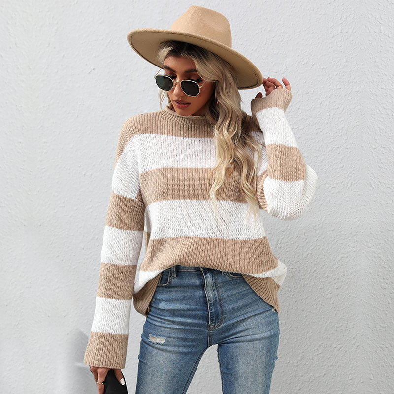 Women Knitted Sweater Autumn and Winter Long Sleeve Striped Mock-Neck Sweater