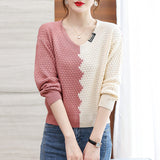 Women Knitwear Spring and Autumn V-neck Color Matching Sweater Loose Sweater