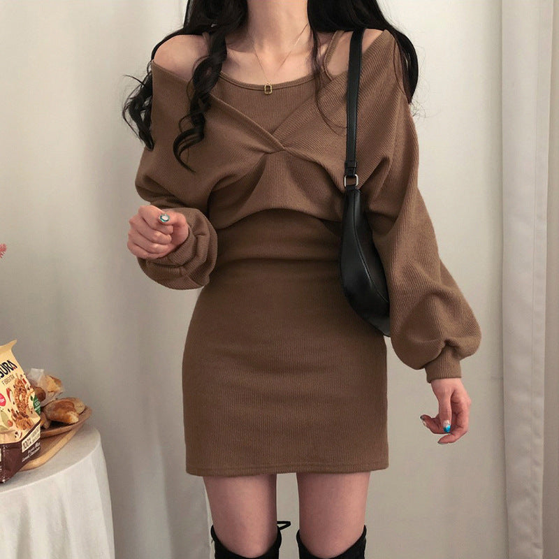 Women Dresses Brown Suspenders Dress Short Two-Piece Blouse Pack