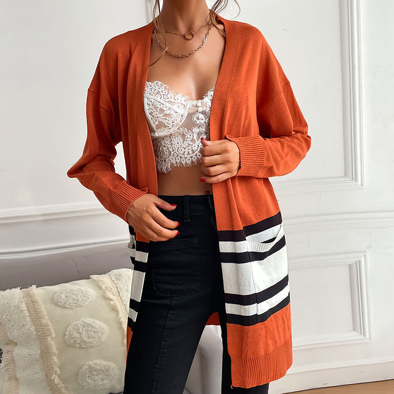 Women Knitted Sweater Autumn Long Sleeve Color Matching Long Sweater Light Cardigan