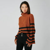Women Sweater Knit Wear Zipper Striped Sweater Autumn and Winter Turtleneck Knitted Cardigan