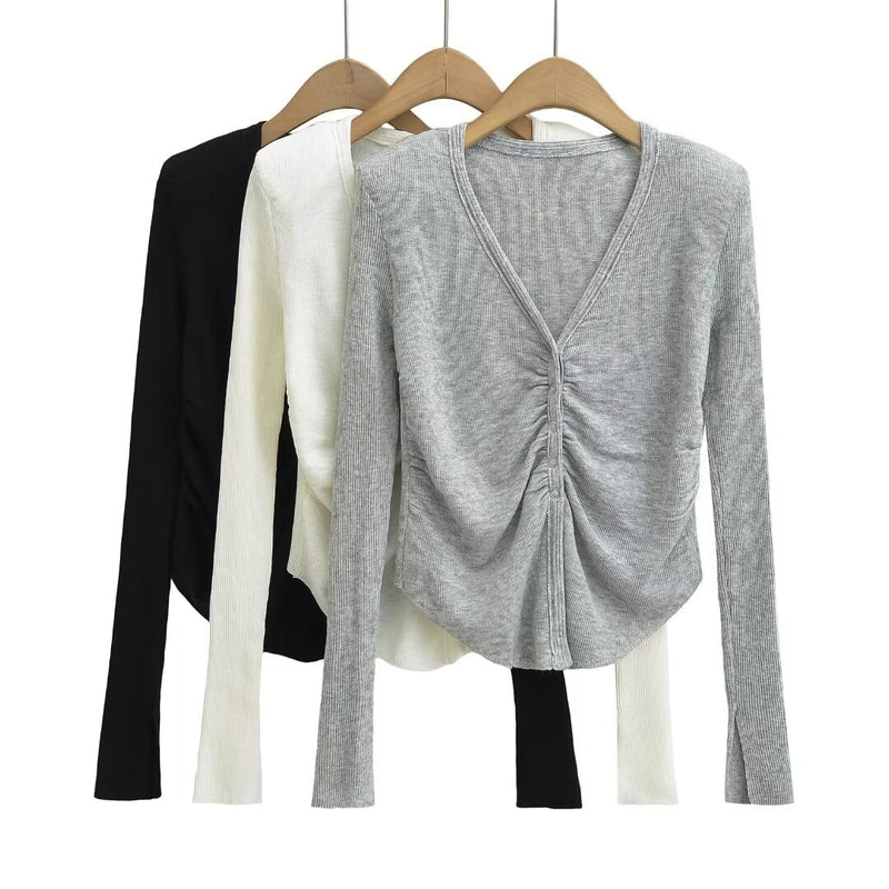Women Tops Spring/Summer Knitted Tops V-neck T-shirt