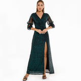 Women Evening Gown Sexy Retro Green Sequins Dress Long Dress