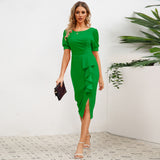 Women Date Dress round Neck Pleated Lace Dress