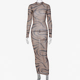Women Dresses Summer Sexy Slim Hip round-Neck Long-Sleeved Dress