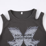 Women T-shirt Butterfly Print Slim-Fit Ribbon Thread Vest