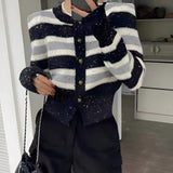 Women Knitwear Spring and Autumn Stripes round Neck Sweater Short Knitted Cardigan