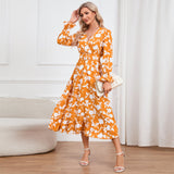 Women Date Dress Floral Dress Autumn and Winter V-neck A- line Skirt