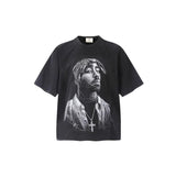 Mens T-shirts Tupac print vintage washed do old short sleeves