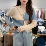 Women Knitted Cardigan for Spring and Autumn Retro Geometric Color Matching Knitted V-neck Single Breasted