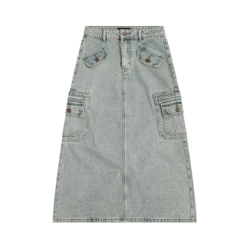 Women Long Skirt Denim Skirt Split Pocket A- line Skirt