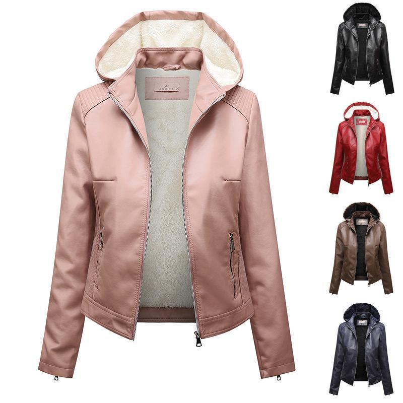 Red Leather Jacket Fleece-Lined Leather Jacket Women's Detachable Large Size Leather Coat