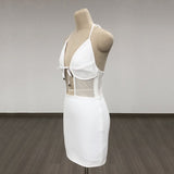 Women Evening Dress Sexy V-neck Hollow Mesh Slim-Fit Hip-Wrapped Short Dress Bandage Gown