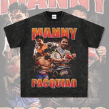 Mens Vintage Boxer T-Shirt Manny Pacquiao Pac Men Printed Short Sleeve T-Shirt Washed Top