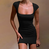 Women Dresses Knitted Square Collar Short Sleeve Dress Sexy Backless Casual Hip Skirt