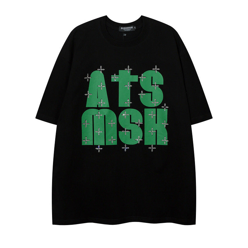 Men T Shirt Cross Rhinestone Hot Fixed Short Sleeve T-shirt