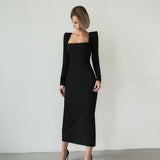Women Dress Spring Square Collar Long Sleeve Dress Elegant Slim Fit Long Dress