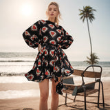 Women Dresses Spring Retro round-Neck Long-Sleeved Dress Short Skirt (Qymy0409)