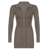Women Dresses Polo Collar Pleated Dress Hip Skirt V-neck