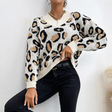 Women Knitted Sweater Autumn and Winter Knitting Long Sleeve Leopard-Print Sweater