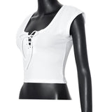 Women T-shirt Summer Square Collar Bare Midriff Slim Fit T-shirt Top