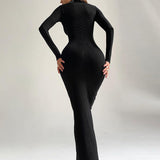 Women Dresses Winter Slim Fit Backless Lace-up U-Neck Long-Sleeved Dress