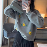 Women Knitted Pullover Hand Embroidery Flower Sweater