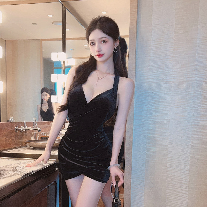 Women Maxi Dress Autumn Winter Sexy V-neck Pleuche Backless Sling Sheath Dress