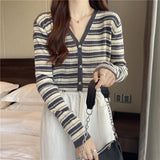 Women Knitwear Autumn Winter Retro Striped V-neck Sweaters Cardigan