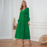 Women Date Dress Single-Breasted Cardigan Skirt V-neck Bubble Long Sleeve Dress