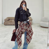 Women Trench Coat Autumn and Winter Long Sleeve Plaid Shirt Retro Plaid Shirt