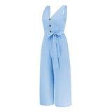 Women Date Dress Summer Sleeveless V-neck Slim Fit Tied Jumpsuit Straight-Leg Pants