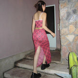 Women Co-Ord Set Lace V-neck Crop-Top Spaghetti-Strap Top Long Skirt Suit