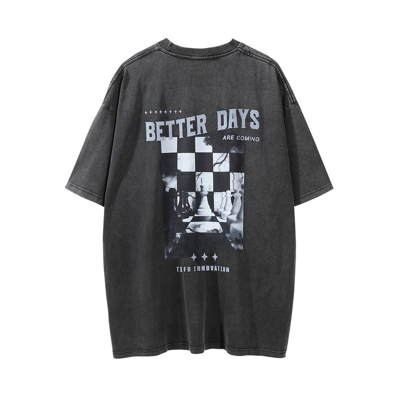 Men Vintage T-Shirt Chess Printed Distressed Washed Short Sleeve T-shirt