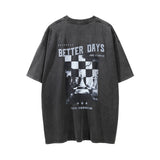 Men Vintage T-Shirt Chess Printed Distressed Washed Short Sleeve T-shirt