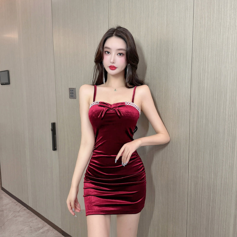 Women Maxi Dress Summer Sexy Sheath Pleuche Spaghetti-Strap Dress